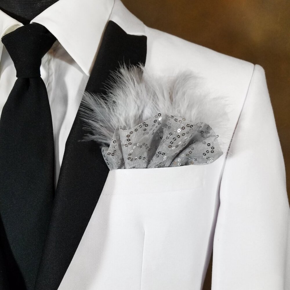 NEW Grey Sequin Ruffle & Feather Pocket Square Insert